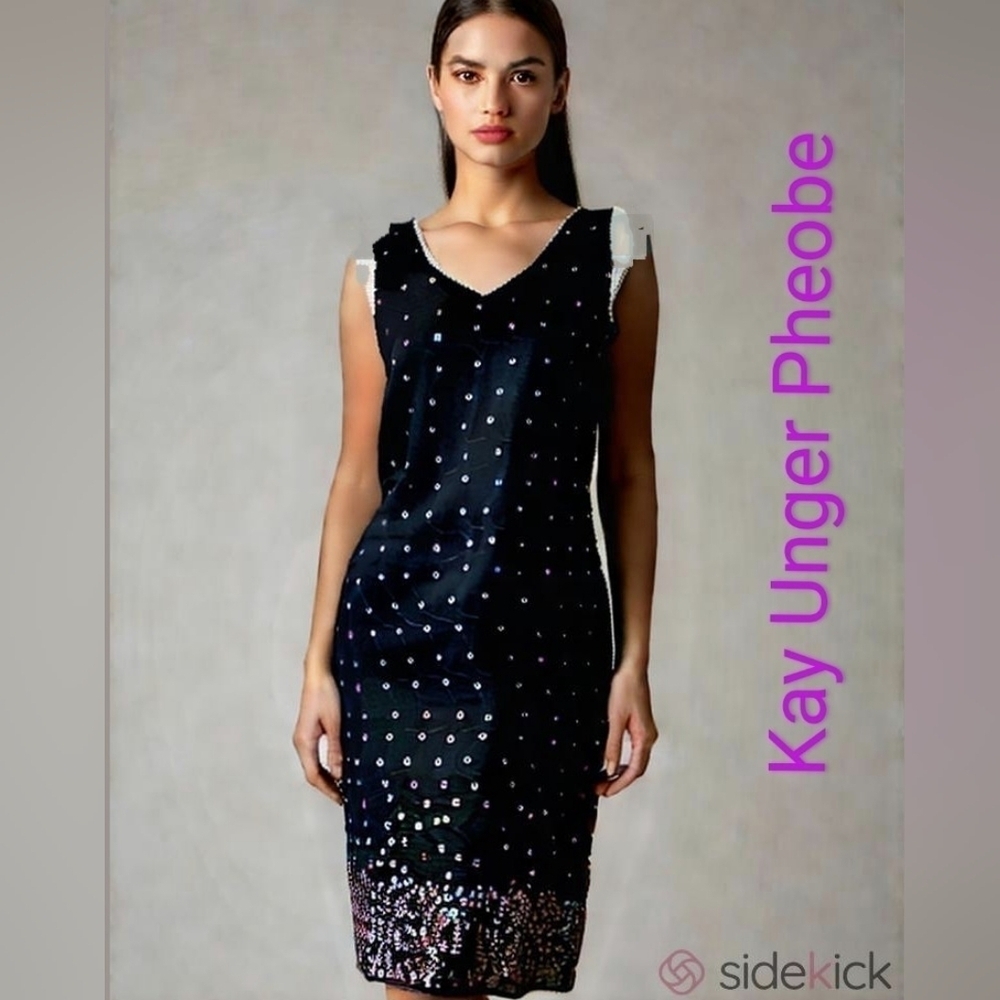 Kay Unger Pheobe Silk Sequin Black Dress V Neck Sleeveless 8 - Picture 10 of 10
